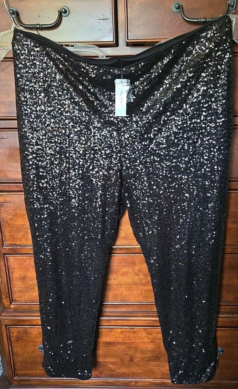 NWT WDNY Gorgeous Elastic Waist Black Sequin Pants 3X side & ankle zip